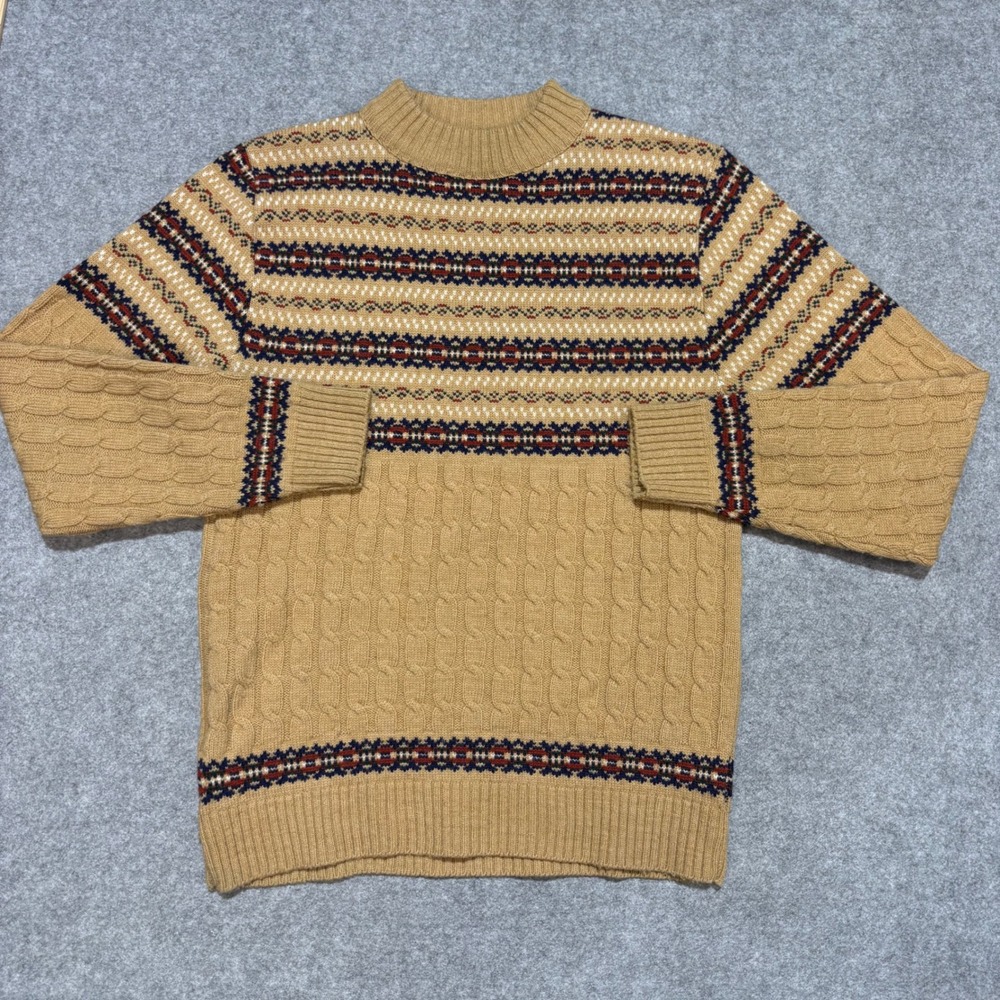 Vintage Lord Jeff Tan Fair Isle Cable Knit‎ Sweater Mens Large Wintuk Orlon USA